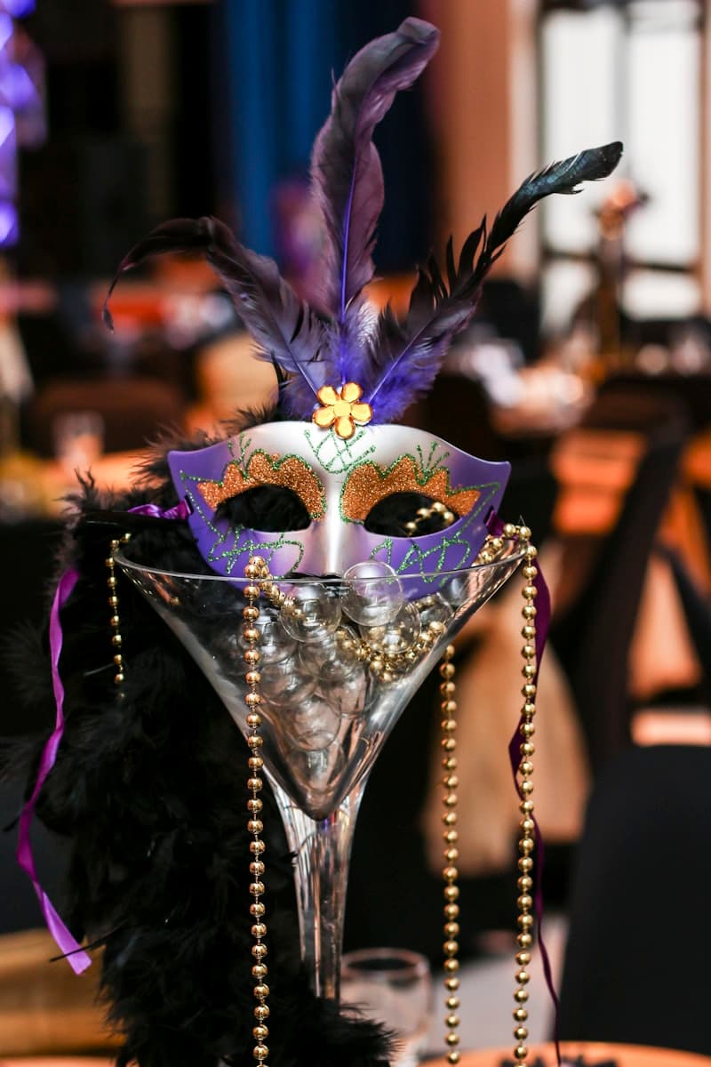 Colorful Mardi Gras masks and decorations in New Orleans